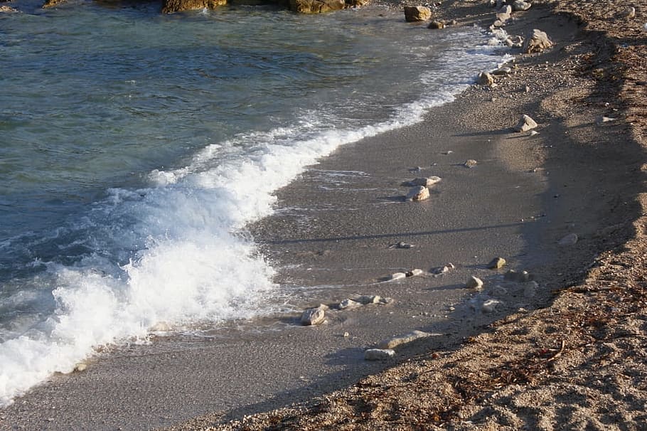 waves, beach, sea, sand, splash, ocean, water, land, high angle view HD wallpaper