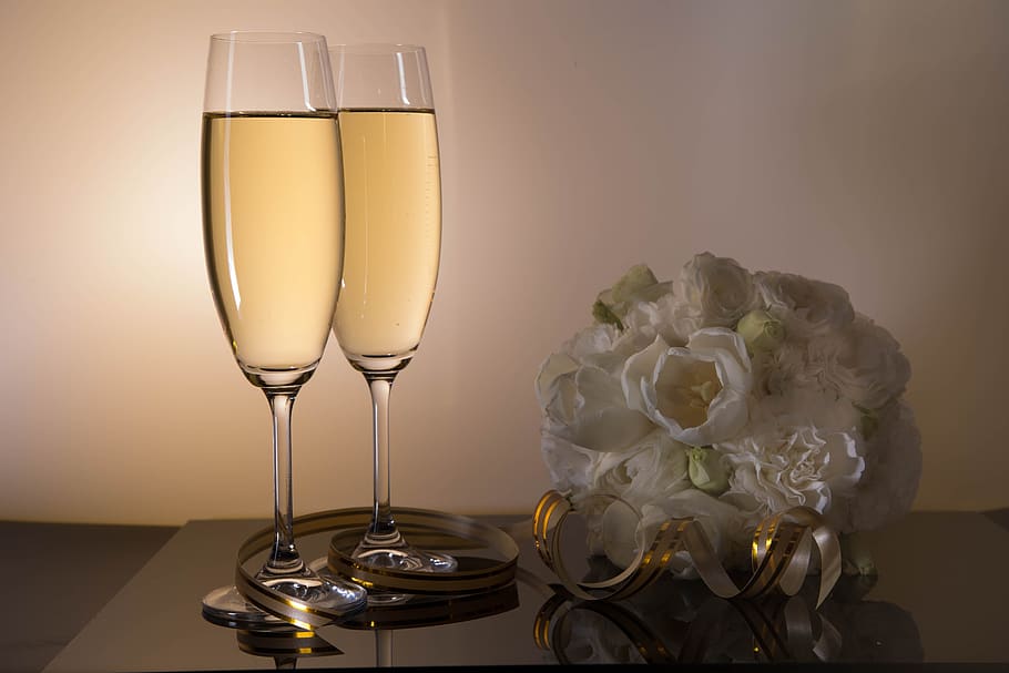 wine glasses, champagne, bouquet, rings, wedding, ornament, HD wallpaper
