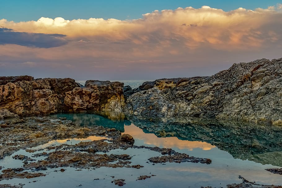 rocky coast, beach, landscape, nature, scenery, mirroring, sunset, HD wallpaper