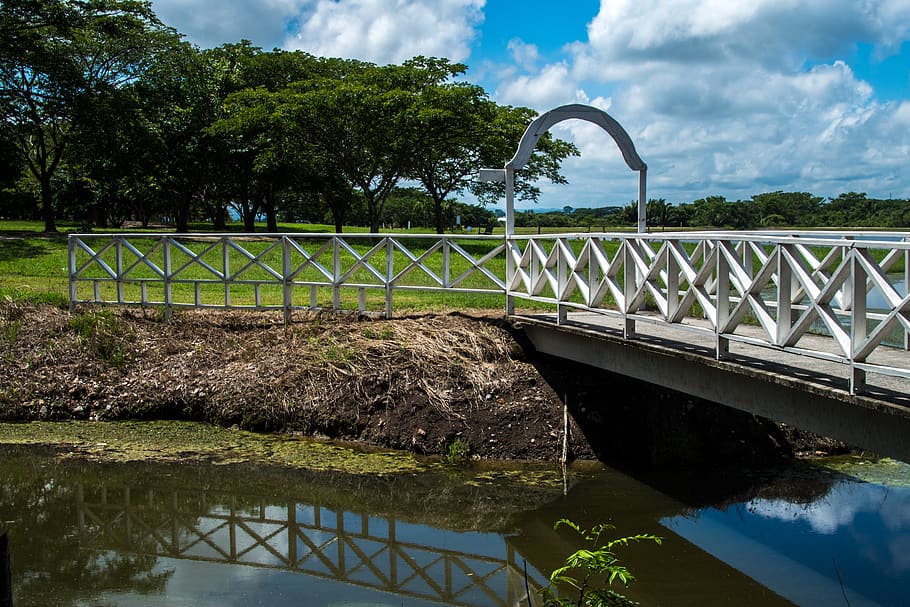 bridge, over, creek, walk, reflection, mirroring, small, passage, HD wallpaper