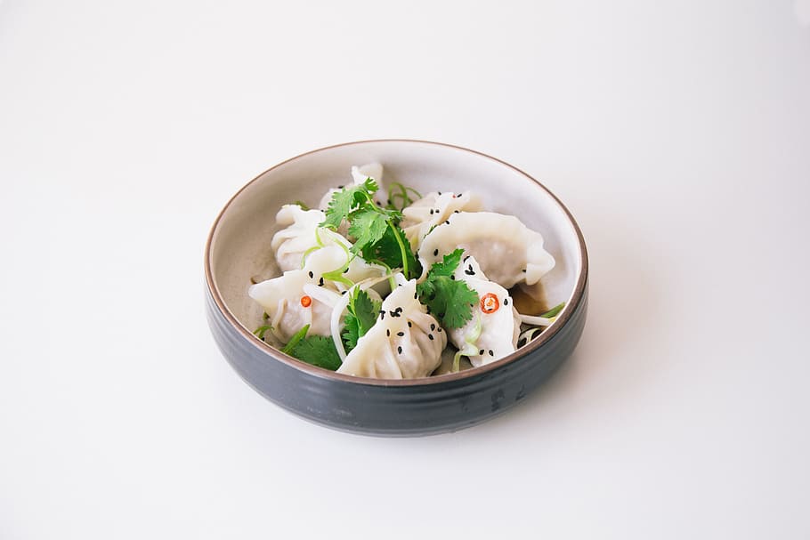blue bowl with green vaetable, dumpling, asian food, food and drink HD wallpaper