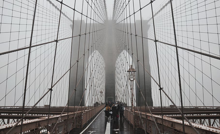 people walking on Brooklyn Bridge, building, human, person, suspension bridge