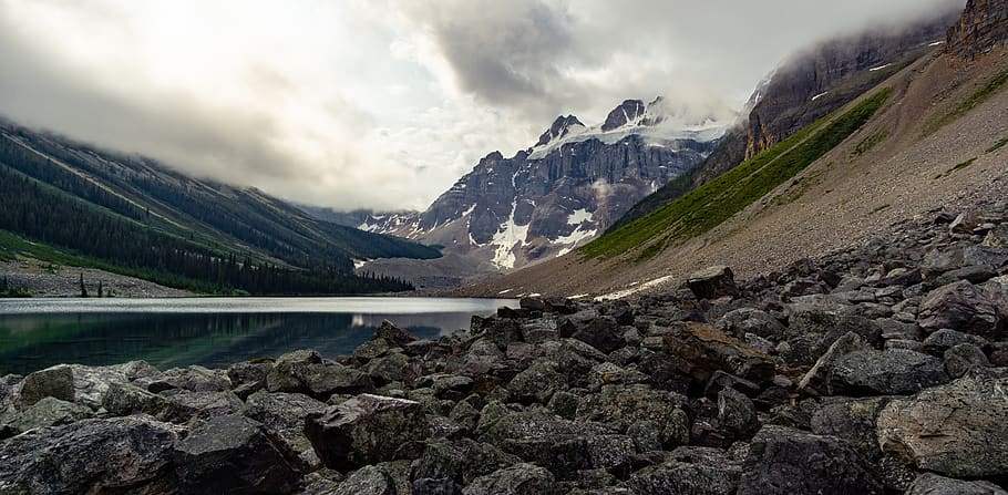 rocky shore with mountain background, glacier, snow, outdoors HD wallpaper