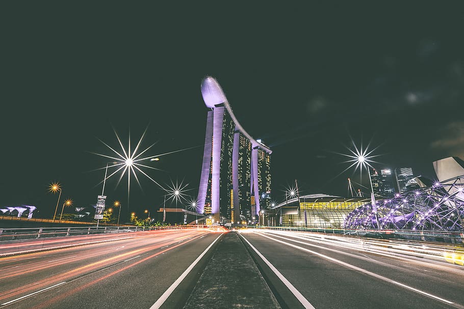 building, architecture, night, lights, road, street, dark, lamp posts HD wallpaper