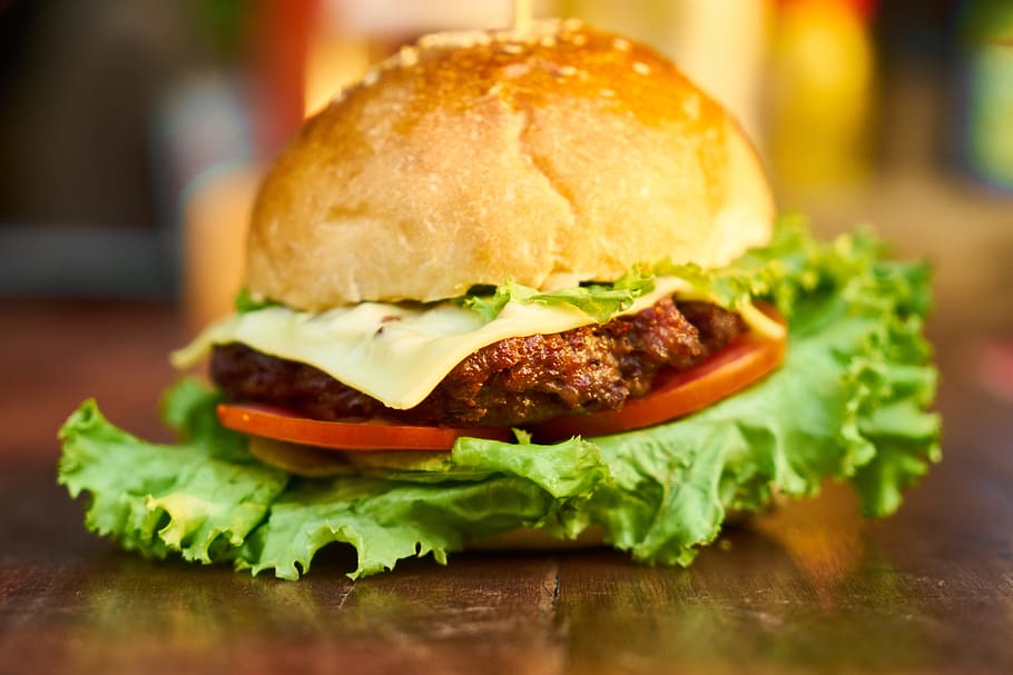 burger, meat, bread, lettuce, food, cheeseburger, grill, restaurant HD wallpaper