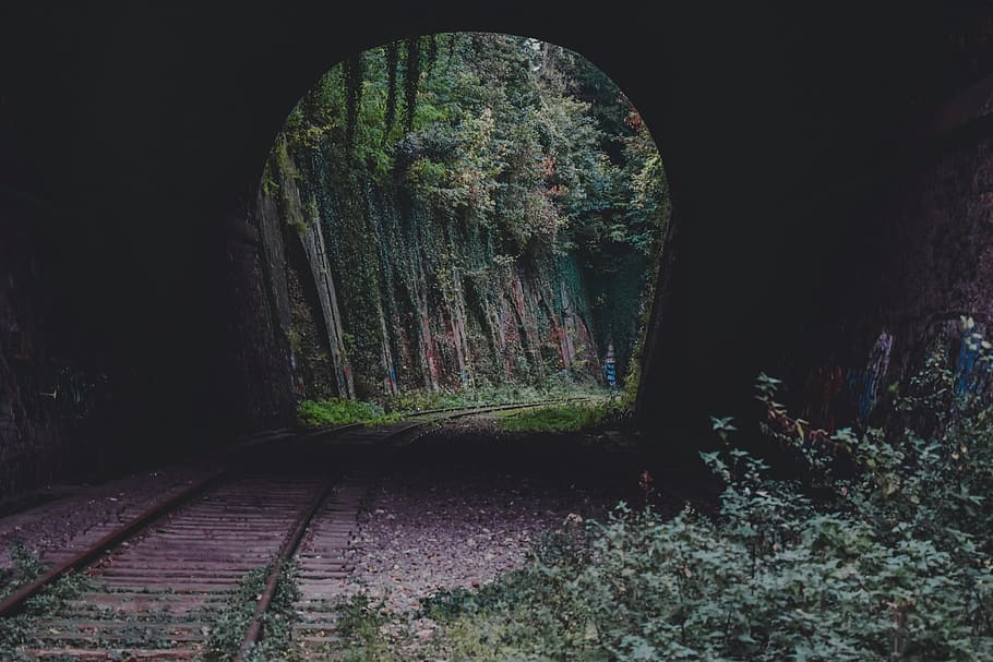 brown railway on tunner, train track, transportation, tunnel HD wallpaper
