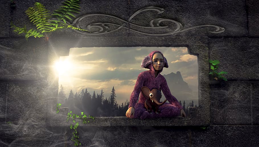 fantasy, window, child, sit, wall, light, sun, plant, landscape HD wallpaper