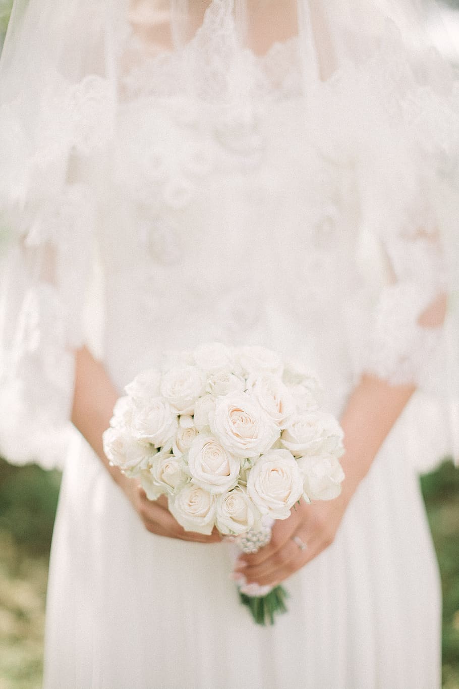 Woman Wearing White Wedding Gown While Holding Bouquet, beautiful