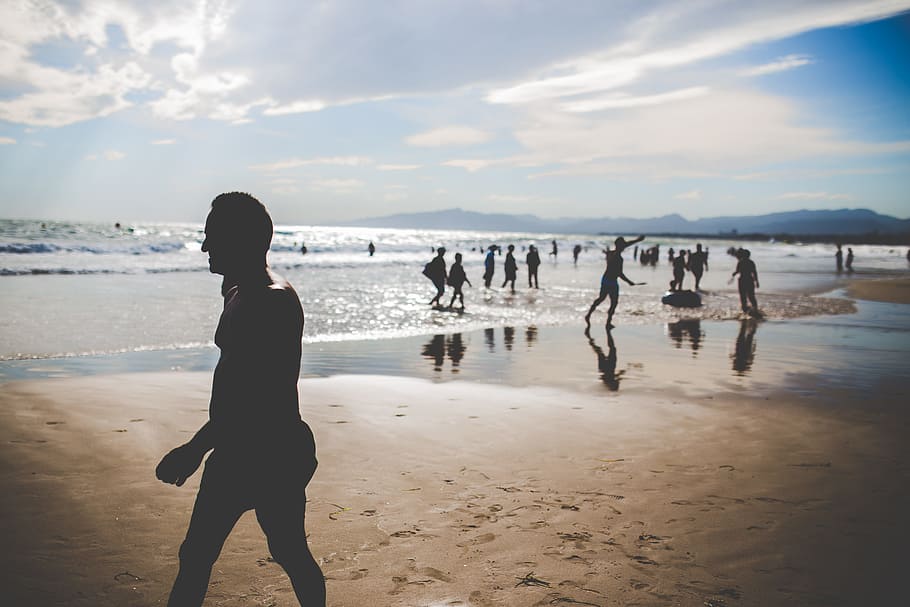 beach, sand, shore, summer, sunshine, silhouette, shadows, sky HD wallpaper