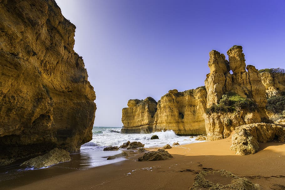 Beach Near Mountain, cliffs, daylight, erosion, landscape, nature HD wallpaper