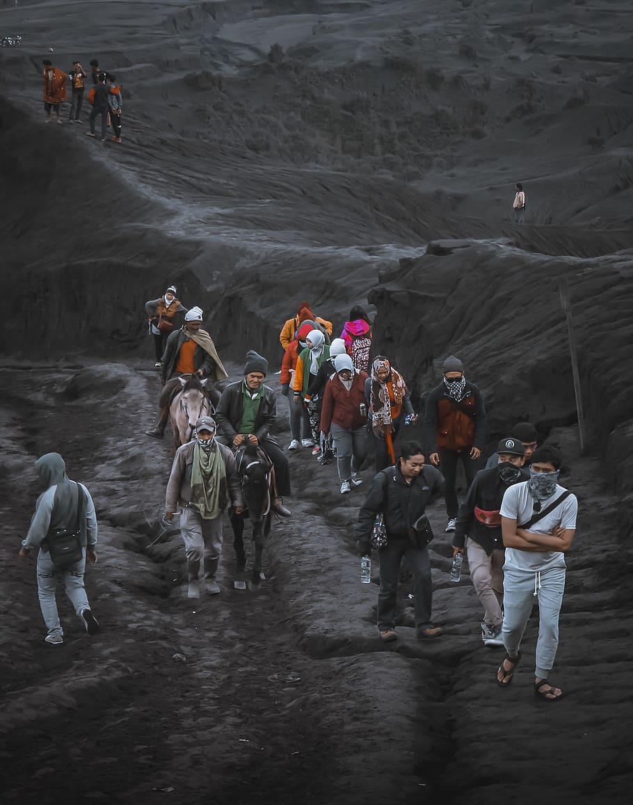 people walking in mountain, person, human, apparel, clothing