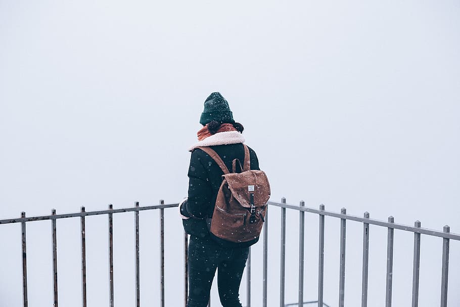 woman standing beside railling, railing, apparel, clothing, handrail HD wallpaper