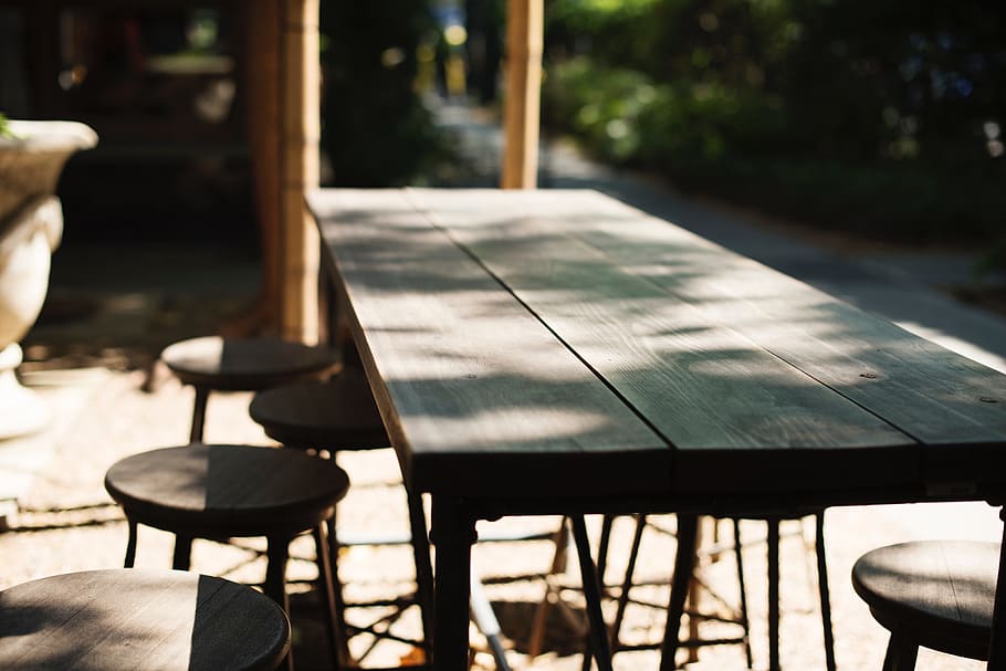 table, chairs, sunny, day, shade, outside, seat, wood - material HD wallpaper