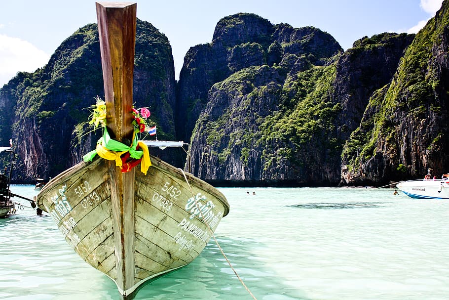 thailand, ko phi phi, maya bay, boat, travel, ocean, exotic, HD wallpaper
