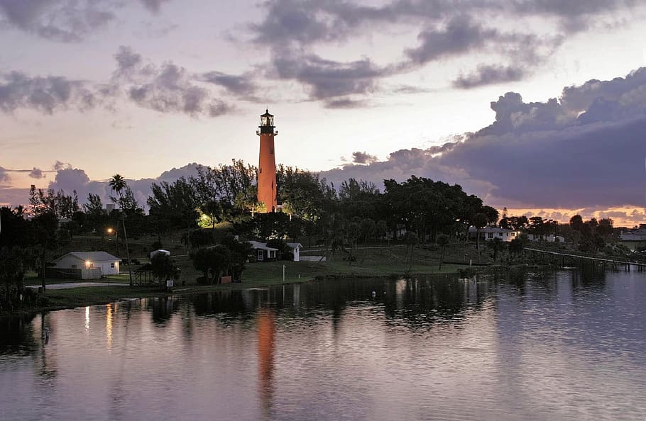 lake, river, town, construction, architecture, lighthouse, sky HD wallpaper