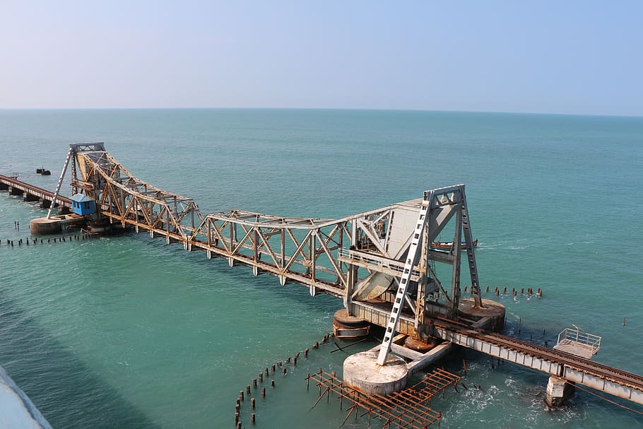 india, rameswaram, ocean, nature, bridge, man-made, open, sea, HD wallpaper