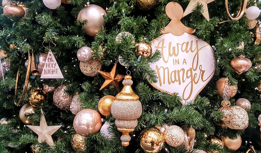 christmas, ornaments, pine, tree, away in a manger, gold, star HD wallpaper