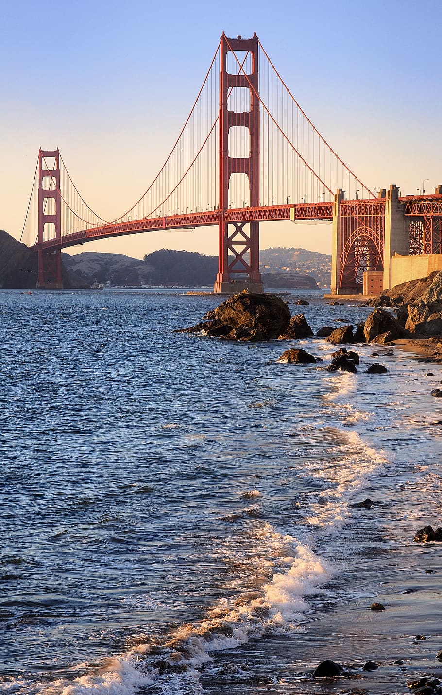 usa, baker beach, sunset, bay, pacific ocean, golden gate bridge HD wallpaper