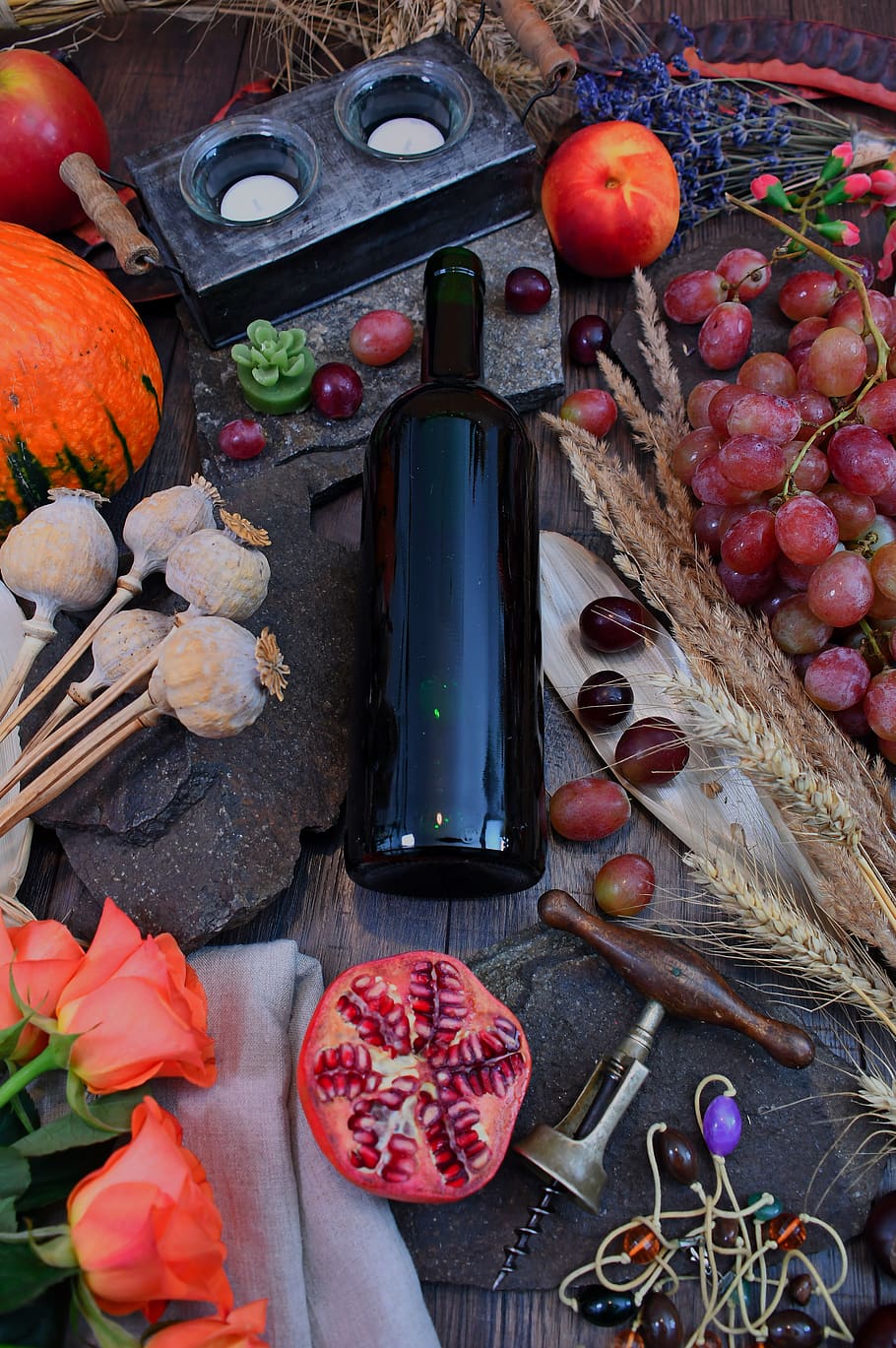 Wine Bottle Surrounded With Vegetables and Fruit on Brown Wooden Surface HD wallpaper
