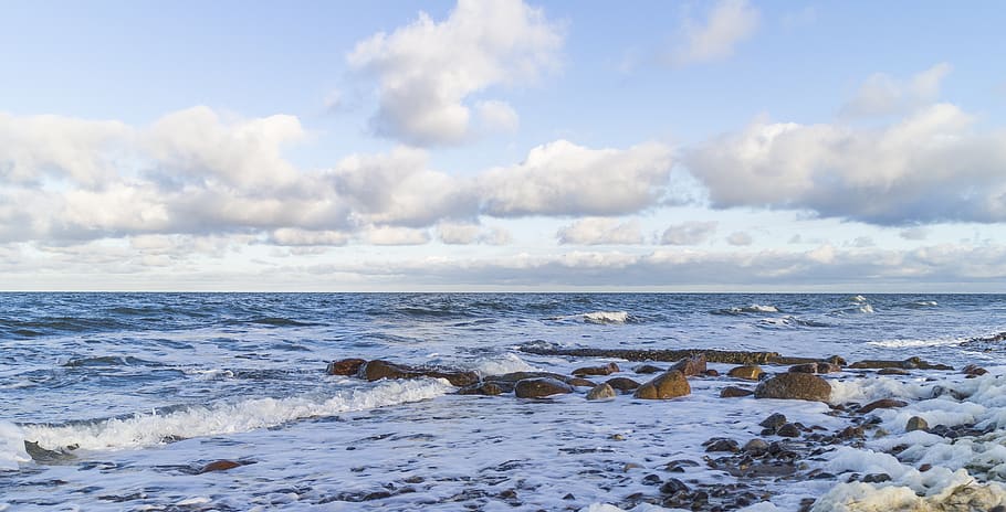 baltic, kiel, germany, ocean, beach, rocks, clouds, sky, waves, HD wallpaper