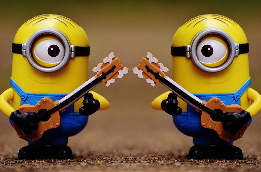 2 Minion Holding Guitar Toy, blur, character, close-up, cute HD wallpaper