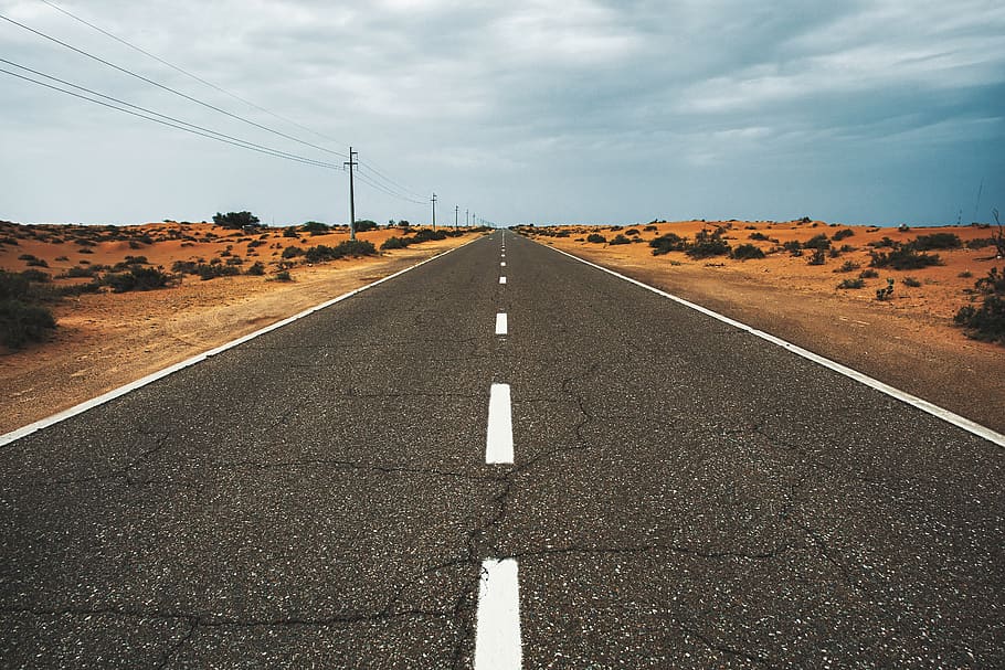 Gray Concrete Road, asphalt, bushes, clouds, daylight, desert HD wallpaper