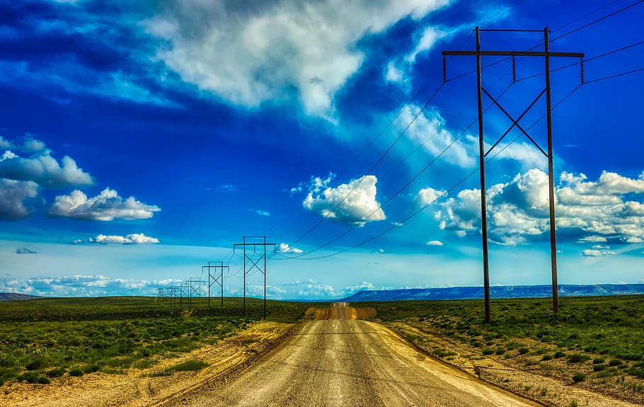 wyoming, sky, clouds, cloudy, panorama, dirt road, lonely, fields HD wallpaper