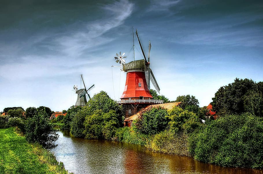 Windmill Near on Forest, architecture, atmosphere, blue, clouds HD wallpaper