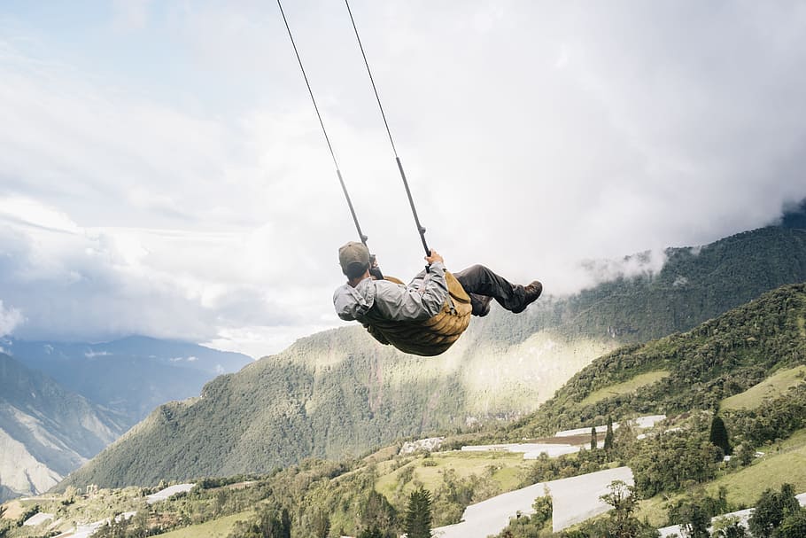 man sitting on swing, lookout, landscape, swinging, nature, ecuador, HD wallpaper