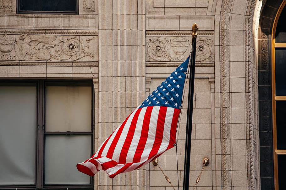 USA flag on pole, patriotism, architecture, built structure, striped HD wallpaper