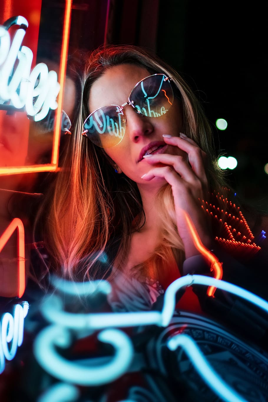 woman taking selfie, female, light, reflection, neon, sign, night