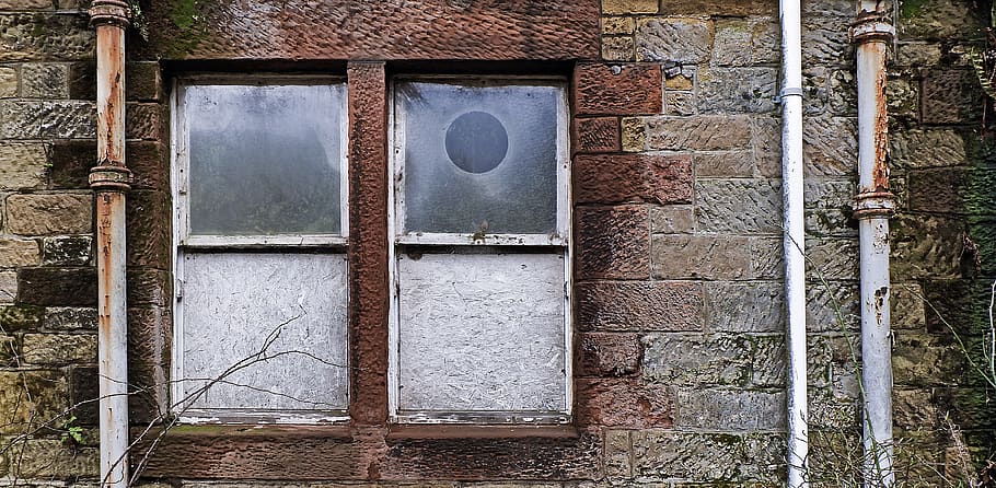 two gray window frames, brick, home decor, door, wall, curtain HD wallpaper
