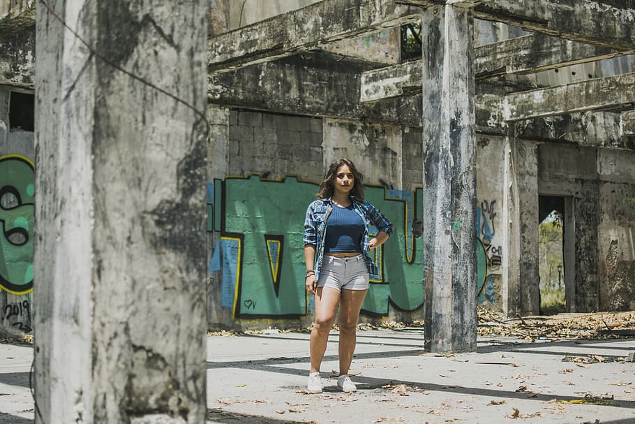 Woman Standing Near Gray Wall With Graffiti, abandoned, architecture HD wallpaper