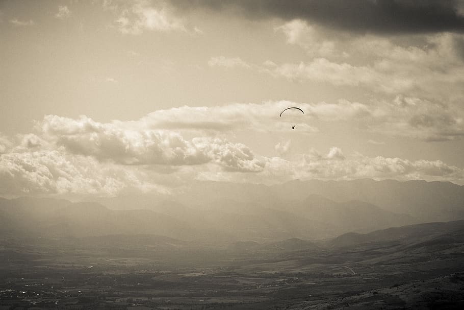 spain, sepia, clouds, sky, mountains, distant, people, haze HD wallpaper