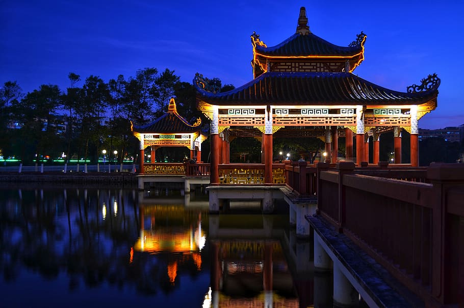 red and white temple at night, architecture, built structure HD wallpaper