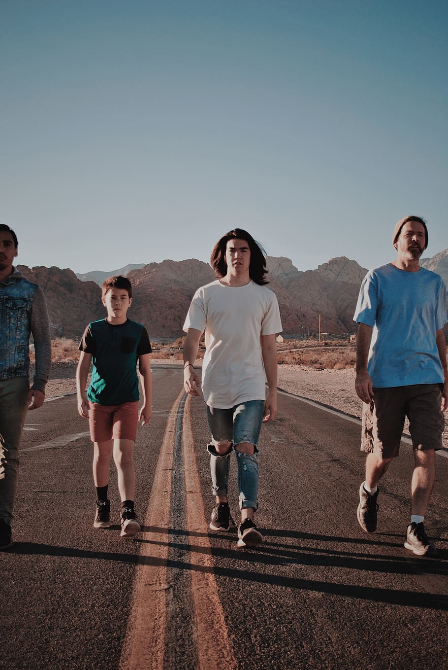 four men walking on empty street, sky, full length, group of people HD wallpaper