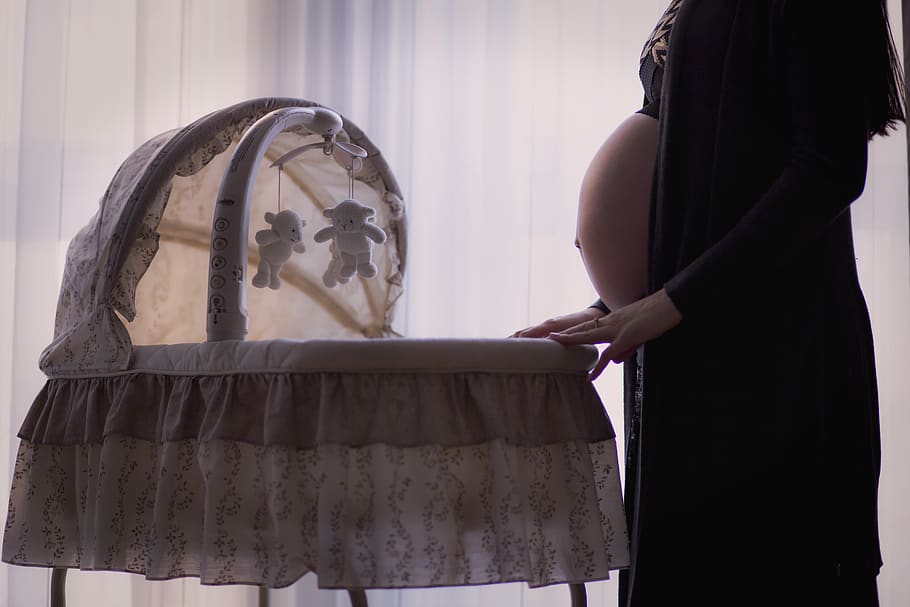 Pregnant Woman Standing Near White Brown Bassinet, baby, cot HD wallpaper