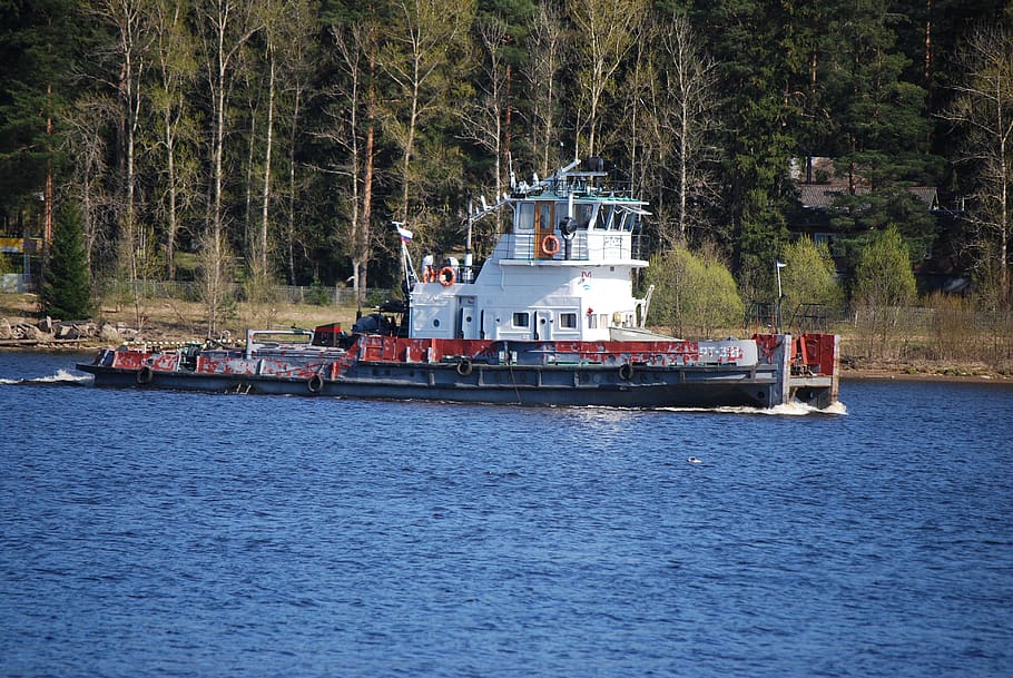 ship, tugboat, water, river, trees, waterfront, nautical vessel HD wallpaper