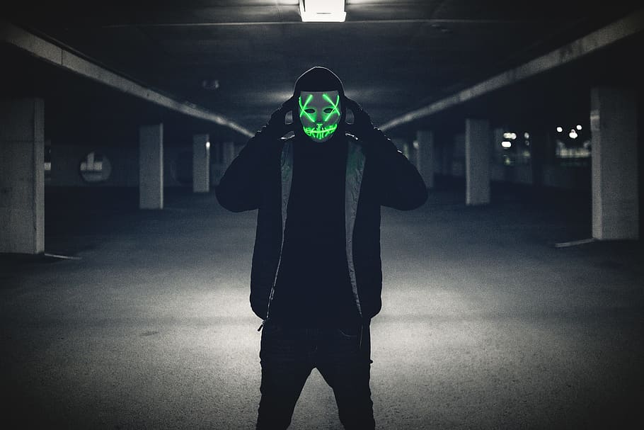 man wearing black jacket and red LED mask, spooky, glow, portrait, HD wallpaper