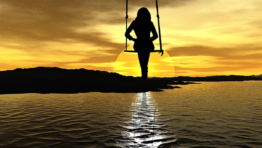 sunset, waters, dawn, dusk, sky, nature, sea, summer, woman HD wallpaper