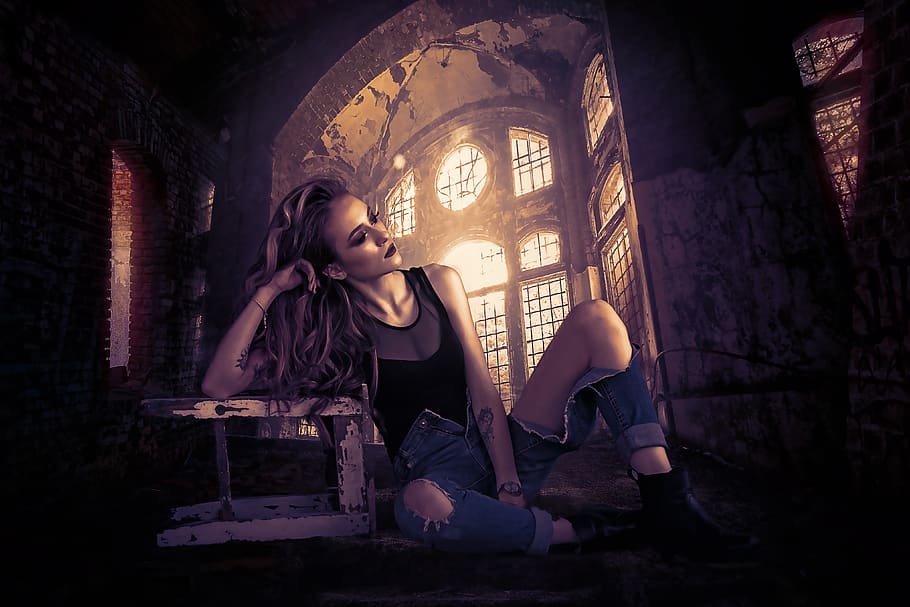 fantasy, dark, lost place, ruins, female, woman, young, beauty HD wallpaper