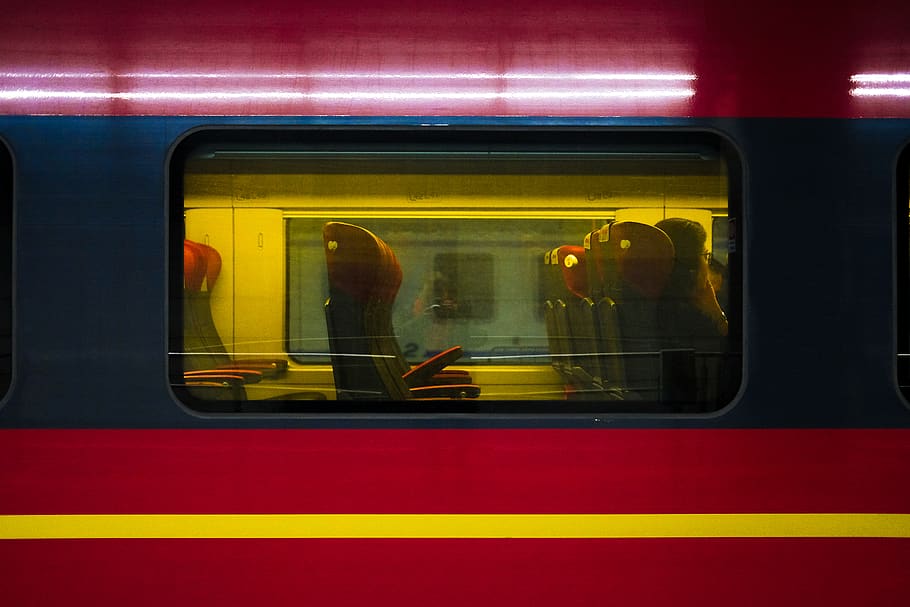 red and black train seats, transportation, mode of transportation HD wallpaper