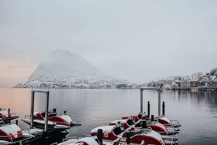 White and Red Boats on Dock Near White Snowy Mountain, bay, city HD wallpaper