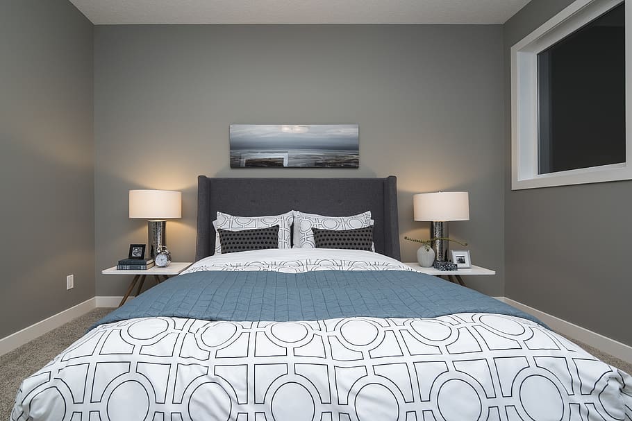white-and-gray bedding set, indoors, luxury, lighting equipment HD wallpaper