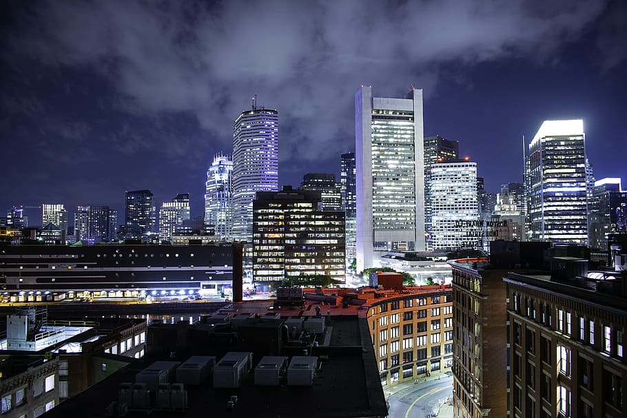 buildings during night time, sky, cloud, evening, street, long exposure HD wallpaper