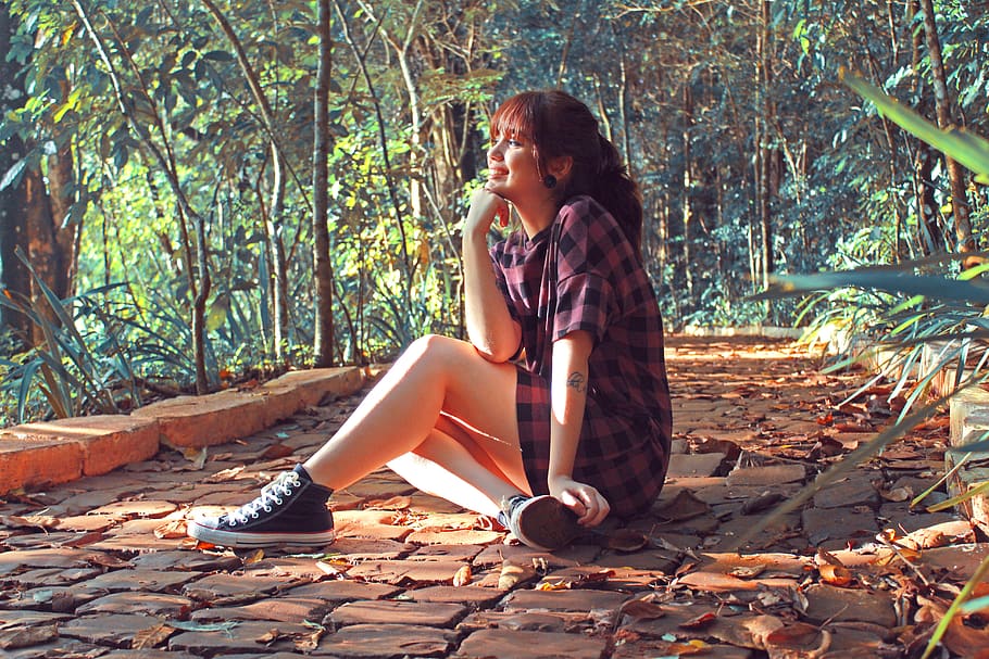 forest, trees, nature, landscape, woods, path, girl, woman HD wallpaper
