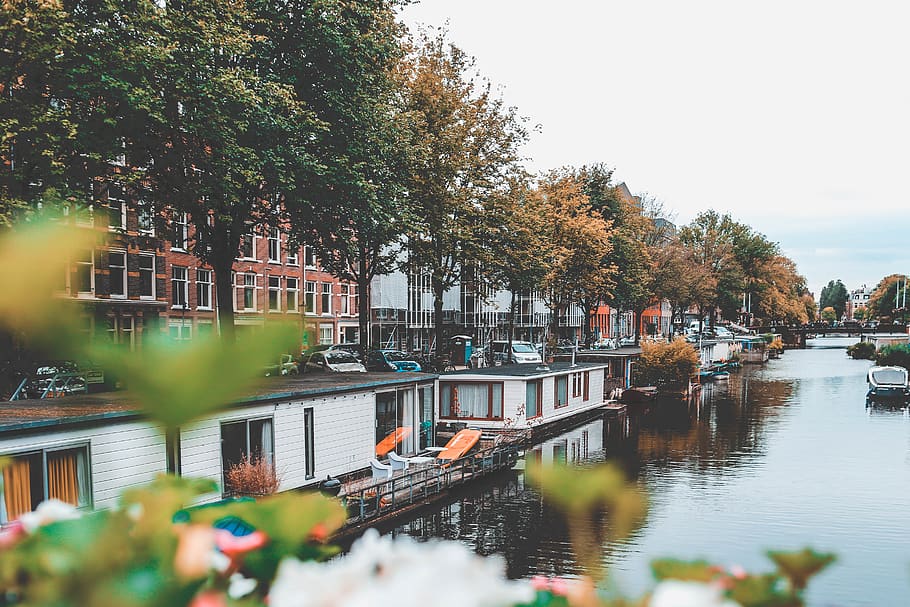 houses and buildings near body of water, outdoors, boat, canal