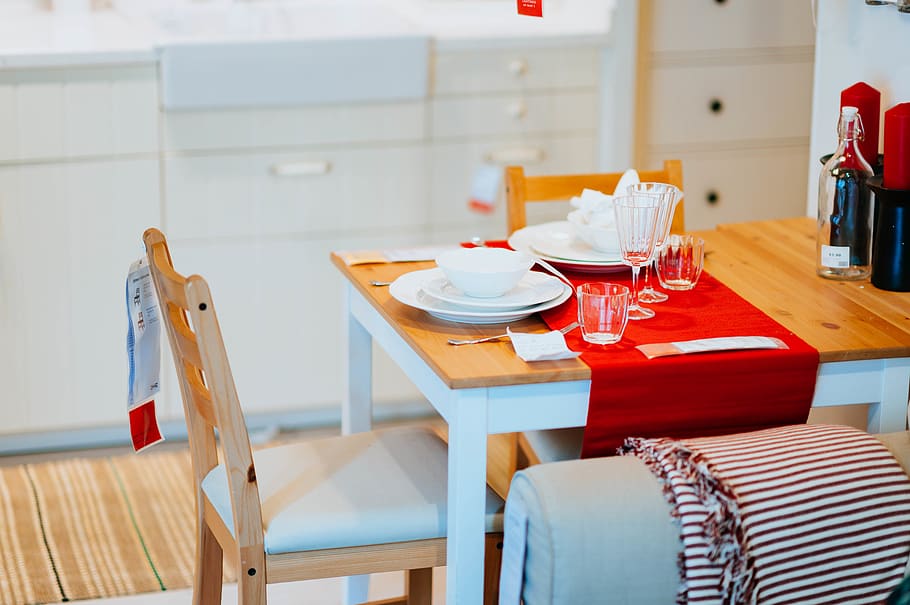 rectangular brown and white wooden table with chairs, furniture HD wallpaper