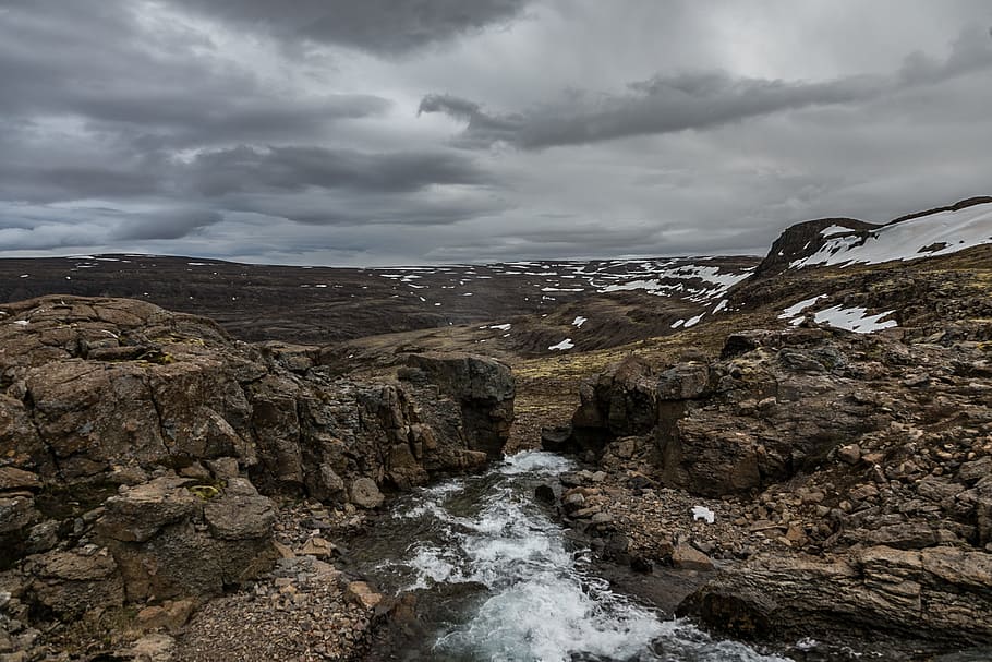 River, clouds, daylight, environment, flow, glacier, grass, ice HD wallpaper