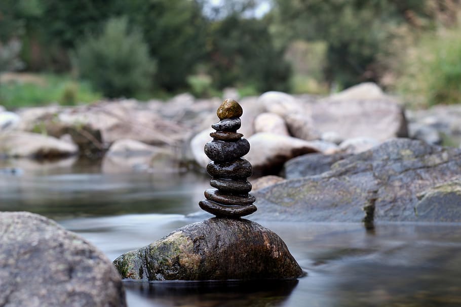 stone tower, water, river, stones, nature, balance, meditation, HD wallpaper